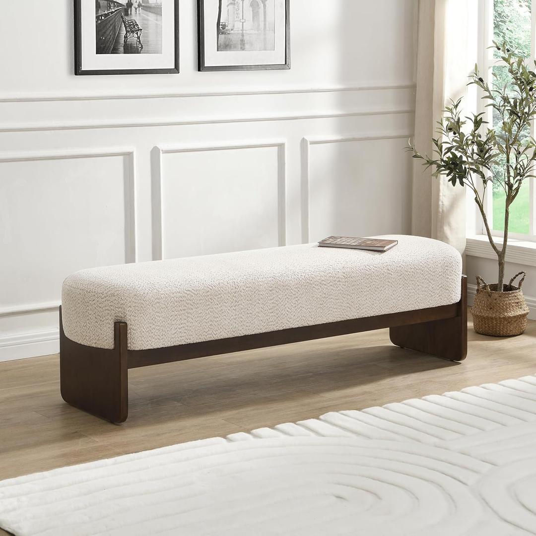 Christopher Knight Home Arden Minimalist Style Rectangular Loop Yarn Fabric Ottoman Bench, Rubberwood Frame, Entryway Bench, Living Room Sofa Extra Seat, End of Bed Footstool, Beige+Brown, 18.50''d X 64.17''w X 18.43''h