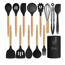 Silicone Cooking Utensils Set Utensil Sets - 446°F Heat Resistant Silicone Kitchen Utensils Set Wooden Handles, Silicone Utensils for Cooking w Holder for Non-Stick Cookware BPA FREE (Black)