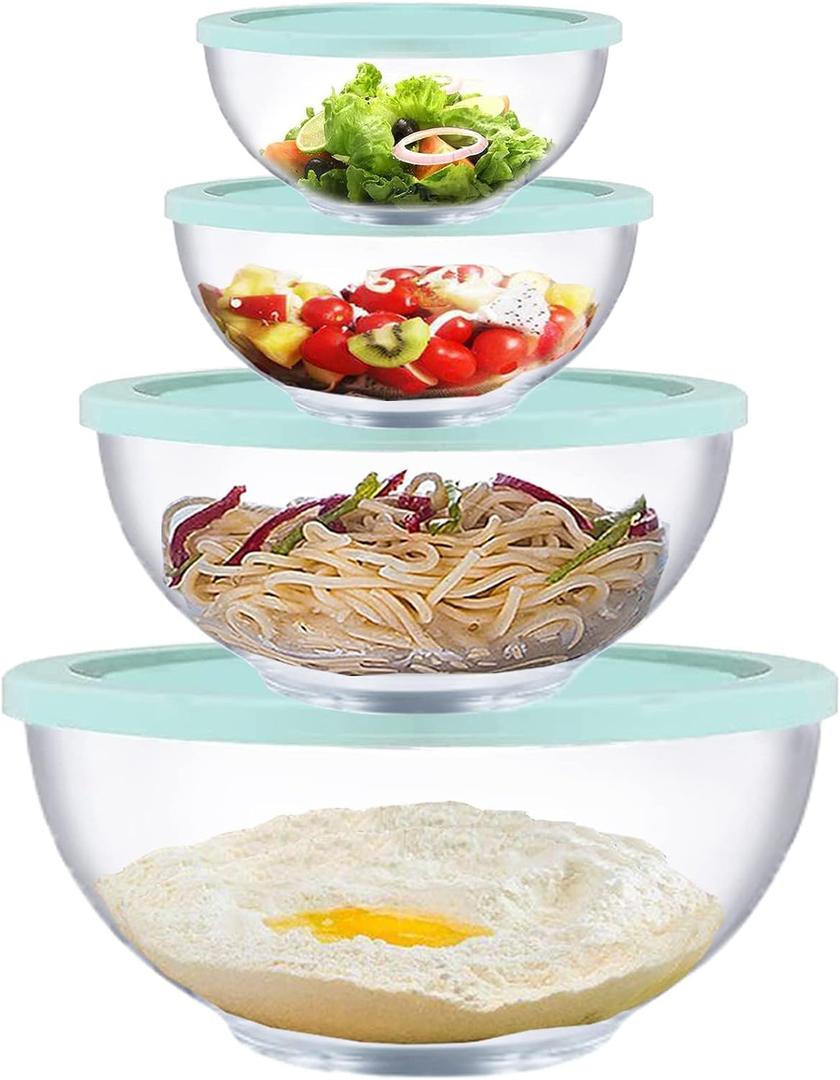 Glass Mixing Bowls with Lids Set, 8 Pieces Glass Salad Bowl Set with Lids(0.6QT,1.1QT,2.2QT,4QT) High Brosilicate Microwave Bowls for Kitchen Baking, Prepping Serving and Storage, Great Gift (Clear, Green)