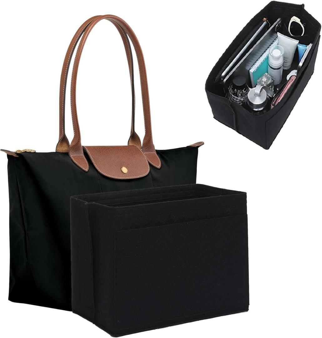 Fit Longchamp Organizer Insert, Zipper Long Champ Le Pliage Bag Organizer Insert with Cup Holder, 9 Compartments,Large/Black