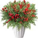 4-Piece Faux Pine Branches with Vibrant Red Berries, Christmas Decor for Holiday Arrangements, Artificial Stems DIY Crafts, Ideal for Mantel Display, Table Centerpiece and Festive Home Decoration