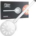 Pizza Turning Peel, 8-inch Pizza Peel Turner Spinner, Long Handle Perforated Aluminum Pizza Peel with Silicone Hook, Pizza Oven Accessories
