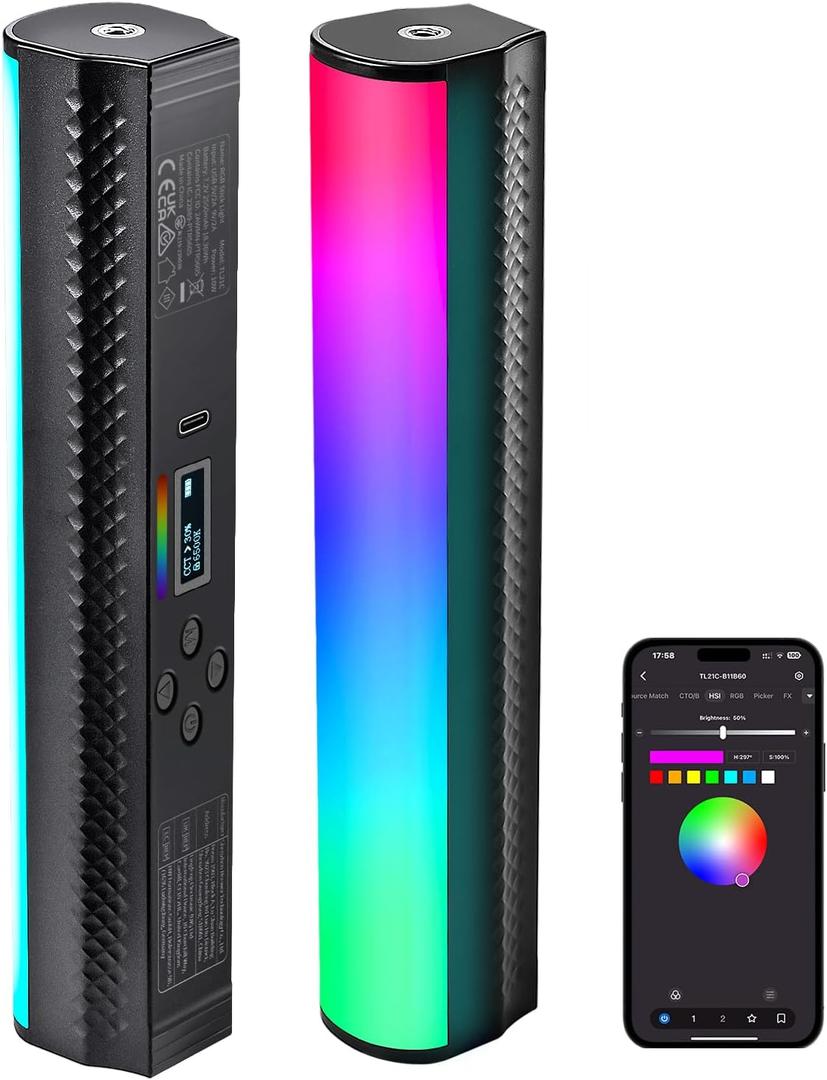 NEEWER RGB Light Wand with APP Control, Magnetic Handheld Photography Video Light Stick,2500K~8500K Dimmable CRI95+ Full Color LED Tube Bar with 2550mAh Battery, 17 Light Scenes for Vlog, TL21C