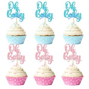 Gyufise 36Pcs Oh Baby Cupcake Toppers Pink Blue Bow Glitter Baby Shower Gender Reveal Cupcake Picks for Boy or Girl Theme Baby Shower Kids Birthday Party Cake Decorations Supplies (B Multi)