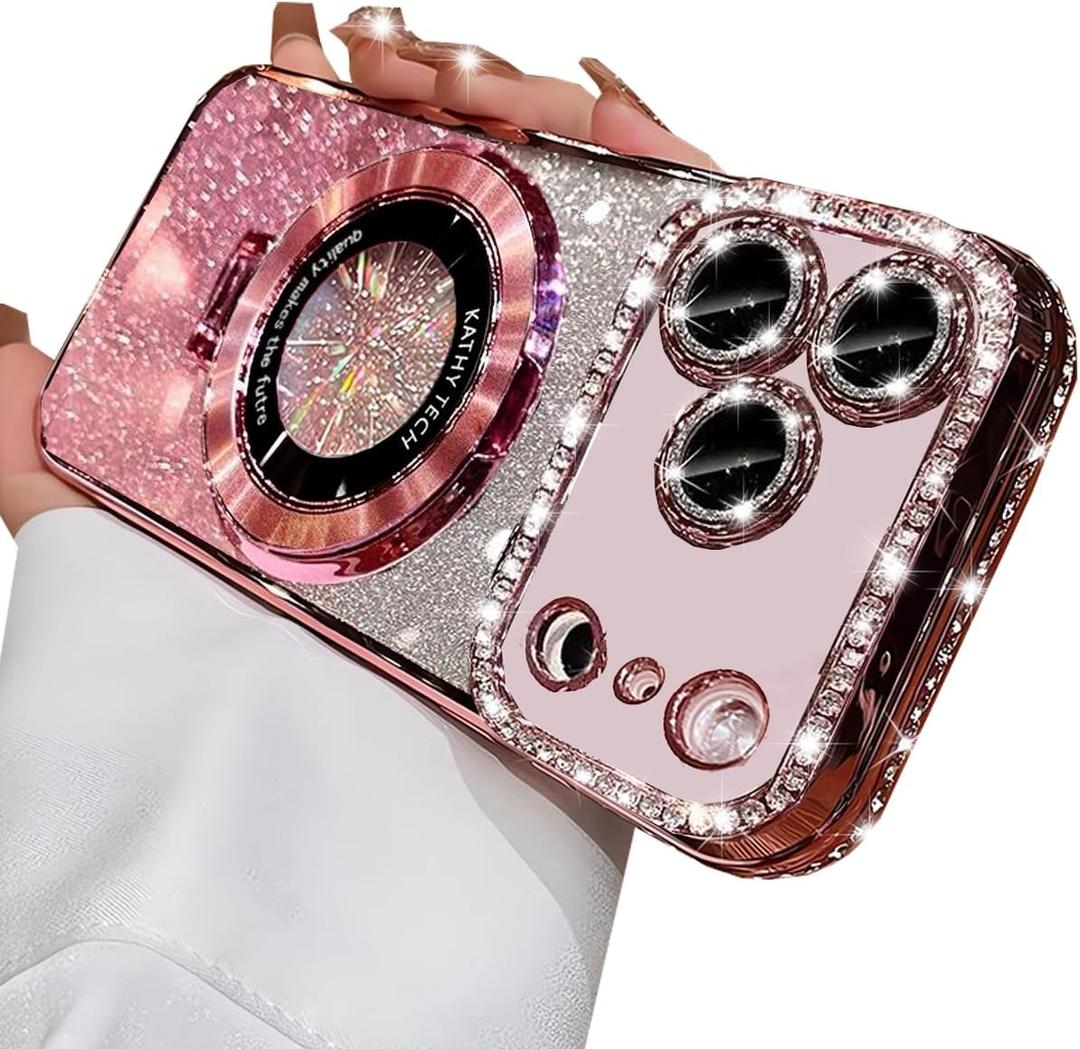 Changjia Magnetic Kickstand Glitter Case for iPhone 17 Pro Max, [Compatible with Magsafe] Cute Bling Sparkly Diamond Rhinestones with Camera Protector Women Girls Case for iPhone 17 Pro Max 6.9", Pink