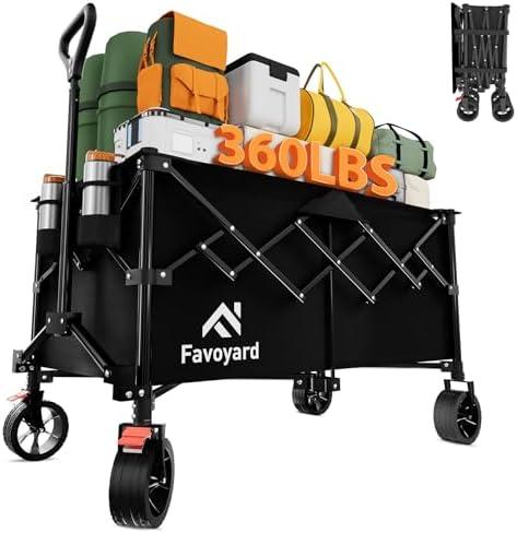 Favoyard Extra Large Collapsible Wagon Carts Foldable 360LBS Heavy Duty Beach Wagons with Big Wheels & Brakes Portable Folding Cart for Shopping Grocery Utility Sports Garden Camping Outdoor, Black