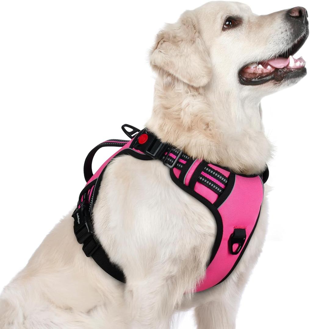 rabbitgoo Dog Harness for Large Dogs, No Pull Pet Harness with Soft Padded Handle, Adjustable Reflective Vest with 3 Buckles, Easy Walking Harness with 2 Leash Clips, Pink, Size L