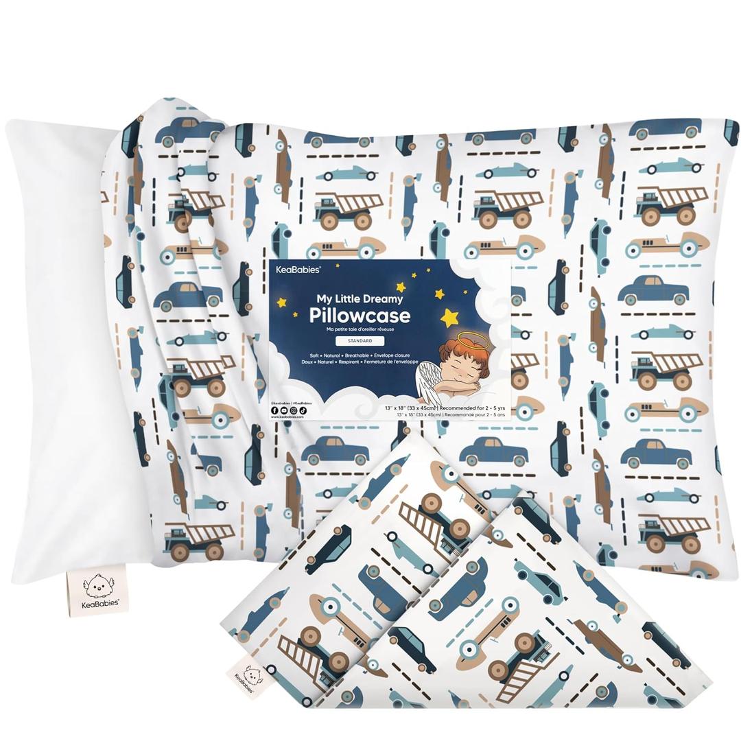 KeaBabies Toddler Pillowcase 13"x18" - Organic Cotton Toddler Pillowcase for Kids, Boys, Girls, Soft & Durable Cotton Cover for Miniature Sleepy Pillows, Cute Colors, Pillow Sold Separately (Vroom) (Standard 13x18)