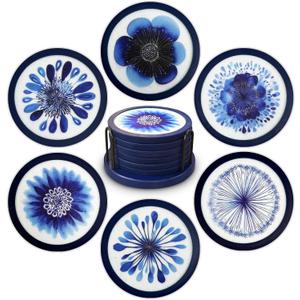 Indigo Floral Non-Slip Silicone Coasters, 4-Pack Double-Sided Absorbent Cup Mats for Hot & Cold Drinks, Scratch & Water Ring Protection for Wood Tables, Home Office Bar Use (6PC)
