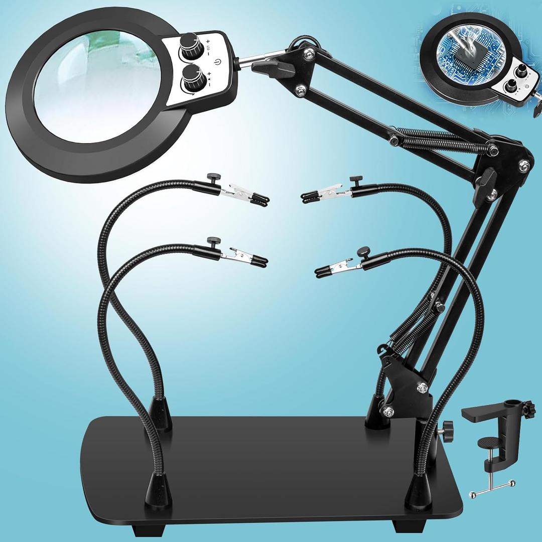 Helping Hands Soldering Station, 10X Magnifying Glass with Light and Stand, Third Hands Soldering Tool with Magnetic | Infinite Colors Solder Magnifier Lamp for Electronic Repair Hobby Craft (10X Real Glass + 4 PCB Arms (Overhead Switch))