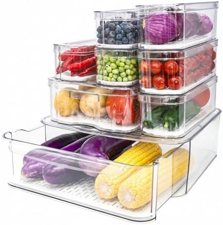 SMRCAD Fridge Organizers and Storage, A Clear Pull-out Drawer Container and 7 Pack Organizer Bins with Lids, Stackable Storage Containers for Fruits, Vegetable (Set of 8)