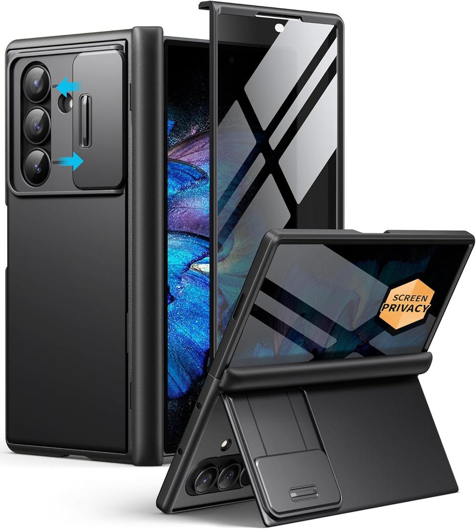BERFY for Z Fold 7 Case with Privacy Screen Protector, [Anti Spy] Hidden Kickstand & Slide Camera Cover & Hinge Protective, Full Body Shockproof Slim Hard Phone Case for Samsung Galaxy Z Fold 7, Black