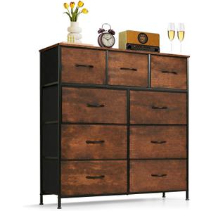 9-Drawer Dresser for Bedroom, Anti-Tip Tall Storage Organizer Chest of Drawers with Wooden Top and Metal Frame Fabric Bins for Closet, Living Room, Hallway, Entryway, Brown, 11.8"D x 39.4"W x 40"H
