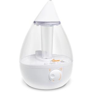 Crane White Teardrop Ultrasonic Cool Mist Humidifier, 1 Gallon Auto Shut-Off for Large Room, Baby Nursery, Bedroom Office, Clear & White (1 Gallon, Clear & White)