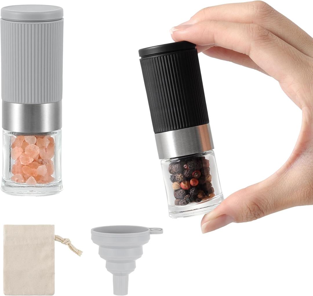 Mini Salt and Pepper Grinder Set, Small Tiny Adjustable Coarseness Ceramic Salt Grinder with Funnel and Bag Portable Handy Spice Pepper Mill Shaker For Outdoor Party Lunch Bag Kitchen 