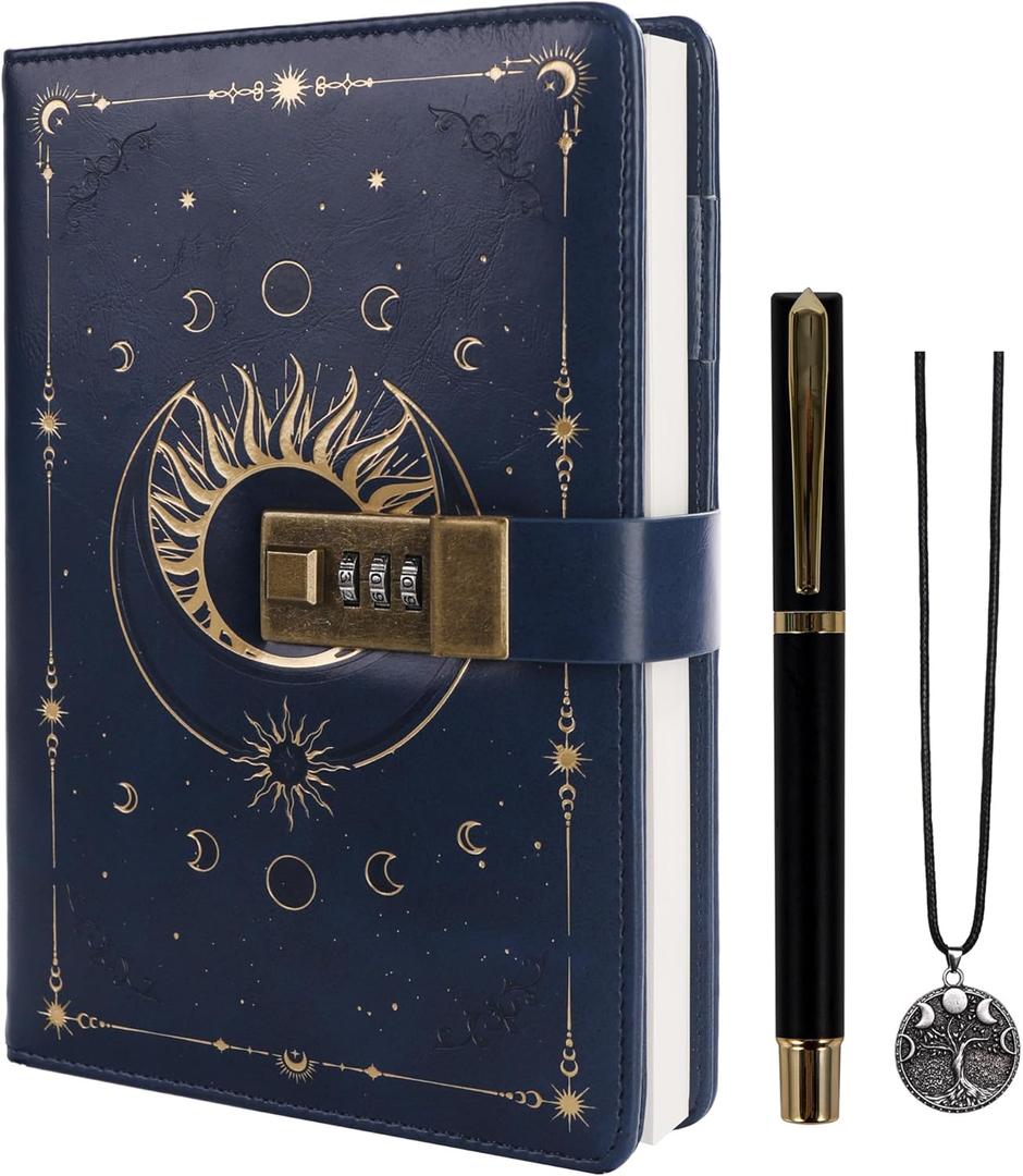 TIEFOSSI Diary with Lock, Vintage Sun Journal with Lock for Women Men, A5 Refillable Locked Notebook for Writing, 224 Numbered Pages (Blue)