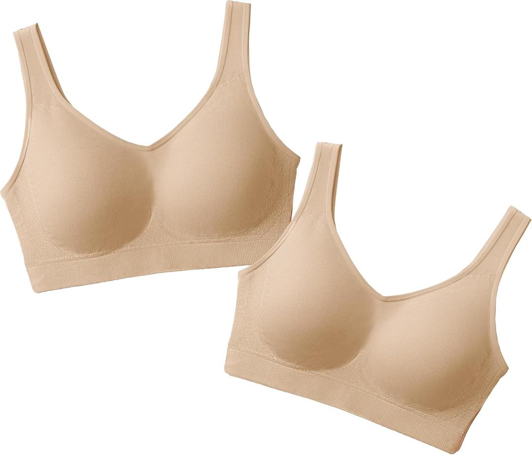 SHAPERMINT Wireless Bras for Women No Underwire  Small to Plus Size Bralettes with Support and Natural Lift (XL: 34DDD/F, 36DD/EDDD/F, 38D, 40C, Beige 2 Pack, Fixed Straps)
