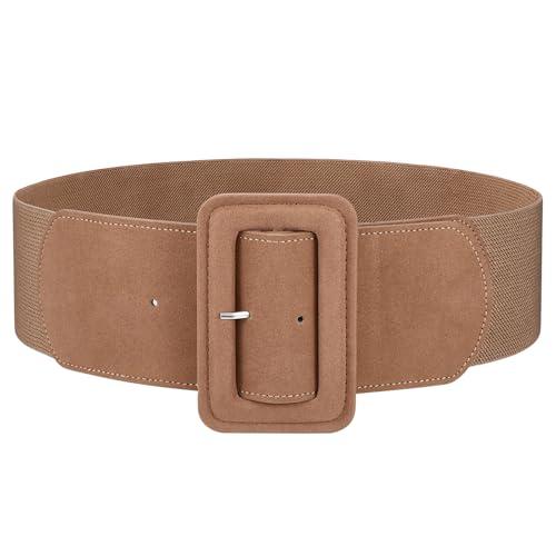 JASGOOD Women Wide Stretchy Belt for Dress Suede Elastic Waist Belt with Vintage Chunky Square Buckle,Tan