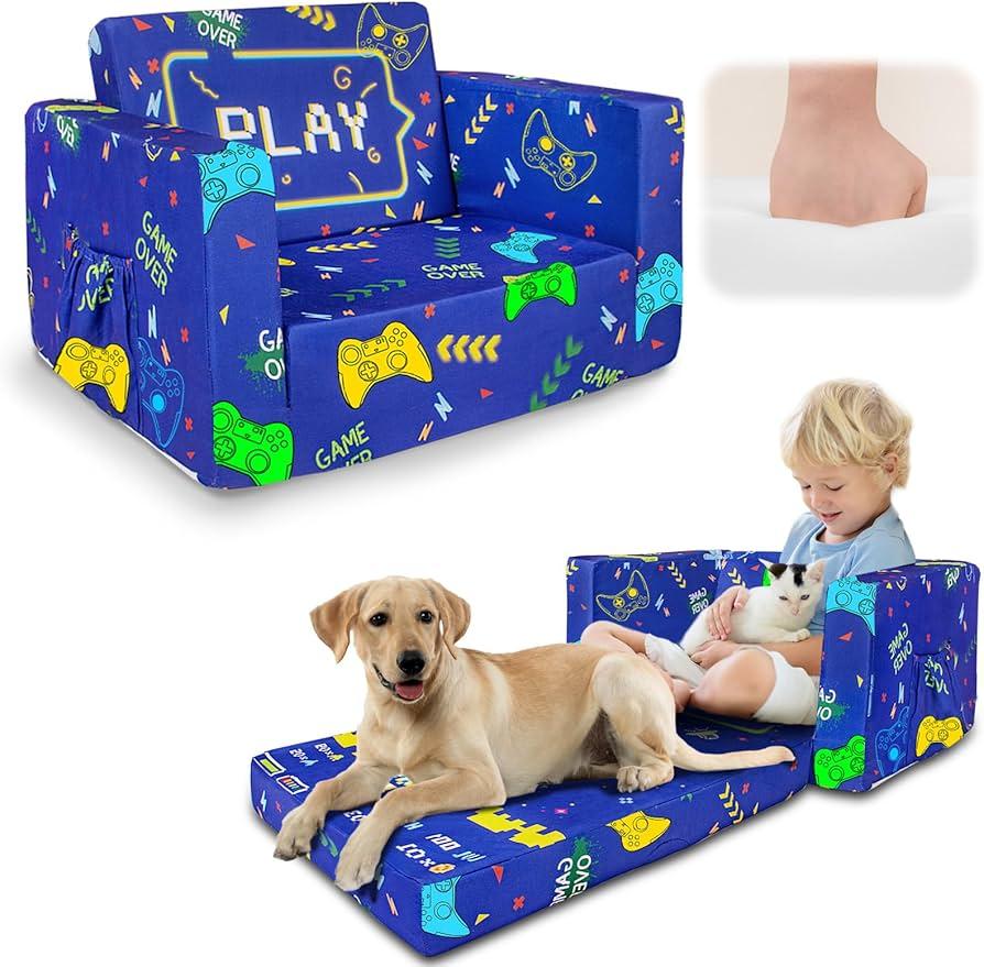 Beavtaens Kids Couch: Super Soft Toddler Sofa Bed Fold Out for Girls and Boys Flip Out Convertible Lounge Chair (Gamepad)
