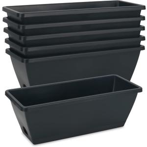 HOXHA Window Box Planter, 6 Pack 17inch Plastic Vegetable Flower Planter Boxes with Tray, Indoor Outdoor Flower Pots for Windowsill, Patio, Porch, Garden Balcony, Dark Gray