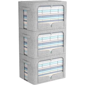 3 Pack Clothes Storage Bins Foldable Metal Frame Storage Box Stackable Linen Fabric Organizer Set with Carrying Handles and Clear Window (Light Gray, 15.7x11.8x11.8inch(36L))