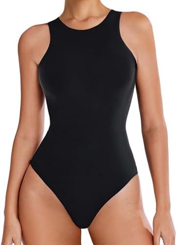 Avidlove Bodysuits for Women Crew Neck Sleeveless Body Suits Snap Closure Double Lined Tank Tops Bodysuit, Black, XS