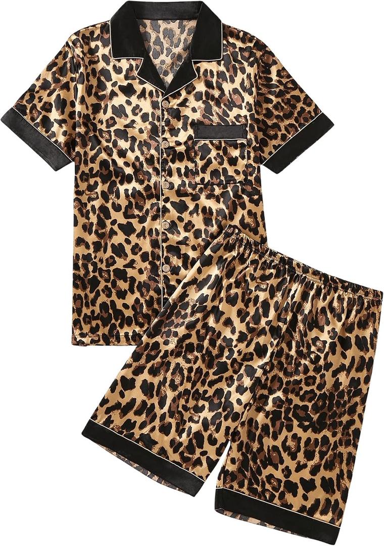 WDIRARA Men's 2 Piece Leopard Print Satin Pajama Set Button Down Short Sleeve Shorts Loungewear Sets (M)
