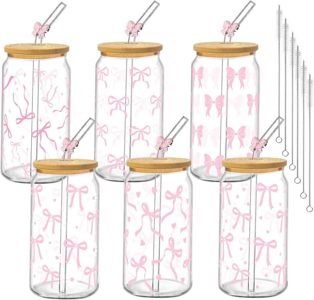 6Pcs Pink Bow Glass Cups with Lids and Straws 16oz Pink Cute Coquette Ribbon Drinking Glasses Cups Iced Coffee Cup for Women Girls Friend Bridesmaid Coffee Tumbler Birthday Party Gifts