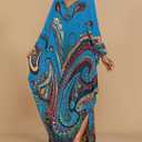 Bsubseach Kaftan Dresses for Women Ethnic Print Plus Size Beach Cover Ups Batwing Sleeve Caftans with Pockets, One Size