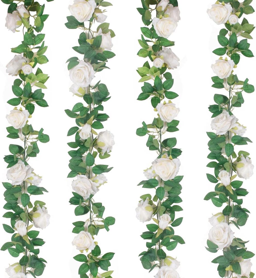 TELDRASSIL 4Pcs(26 FT) Artificial Rose Vine Fake Flower Garland Fake Silk Rose Hanging Vine for Wedding Party Background Arch Garden Background Decoration (White)