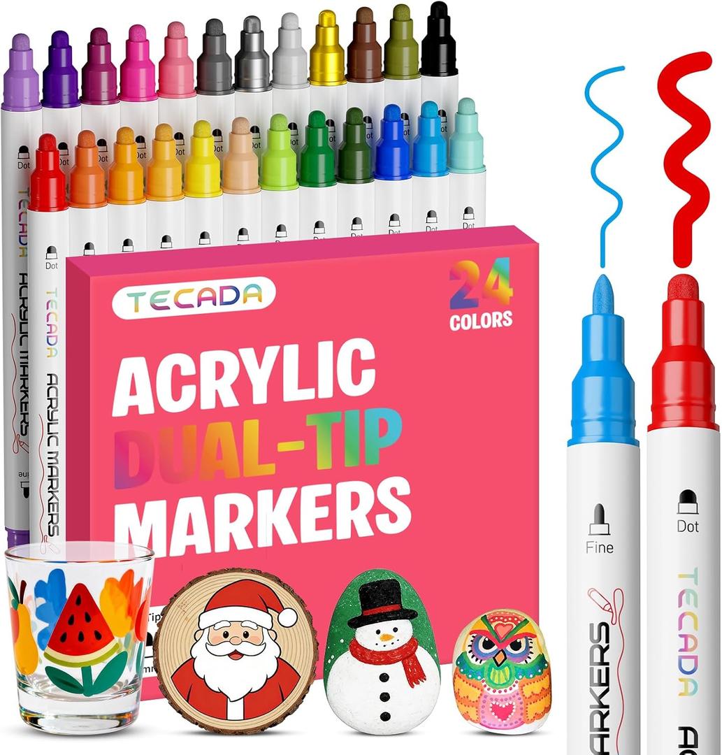TEDECA 24 Colors Acrylic Paint Markers, Dual-Tip Acrylic Paint Pens for Fabric, Stone, Ceramic, Glass, Wood, Canvas, Metal, Rock Painting - Christmas Gift DIY Crafts Art Supplies, Fine and Dot Tip