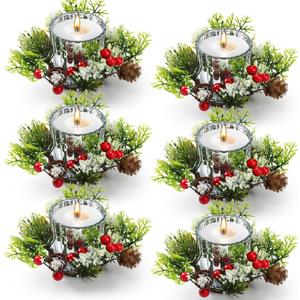 Redbaker 12 Pcs Christmas Votive Candle Holder with Candle Rings Wreath Artificial Candles Ring Garland Wreath with Red Berry Snowy Pinecone for Holiday Xmas Table Centerpiece Home Decorations(Silver)