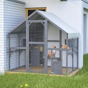 YOPTO 28ft Large Outdoor Cat House, Luxury Wooden Walk-in Catio Enclosure with 2 Doors & 2 Hiding Houses, Escape-Proof Locks + Waterproof Roof - Customizable Multi-Cat Playpen (Gray)