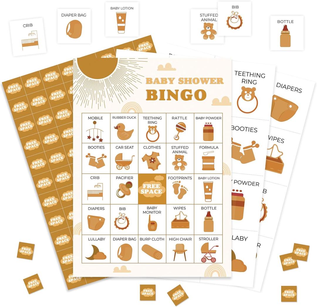 4 x Baby Shower Bingo Game, Boho Sunshine Bingo Cards Set, Sunshine Gender Reveal Party Bingo Supplies for Adults, Family Friends Activities Favors Decorations for 24 Player, 03