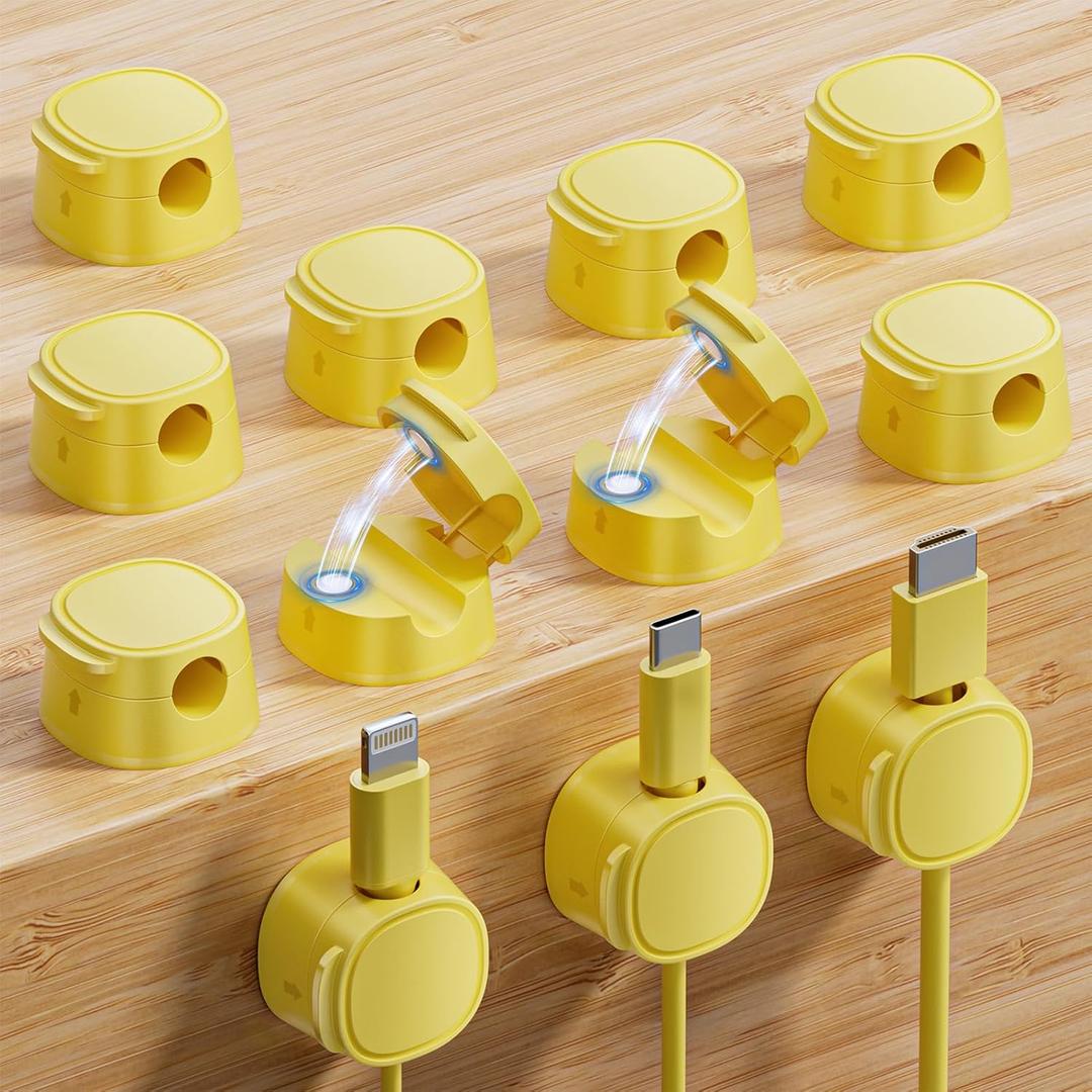 12 Pack Magnetic Cable Clips  [One-Snap Lock] Phone Cord Holder for Desk, Adhesive Magnetic Cord Organiser for Nightstand, Wall, Car  Under Desk Cable Management for Office, Home (yellow)
