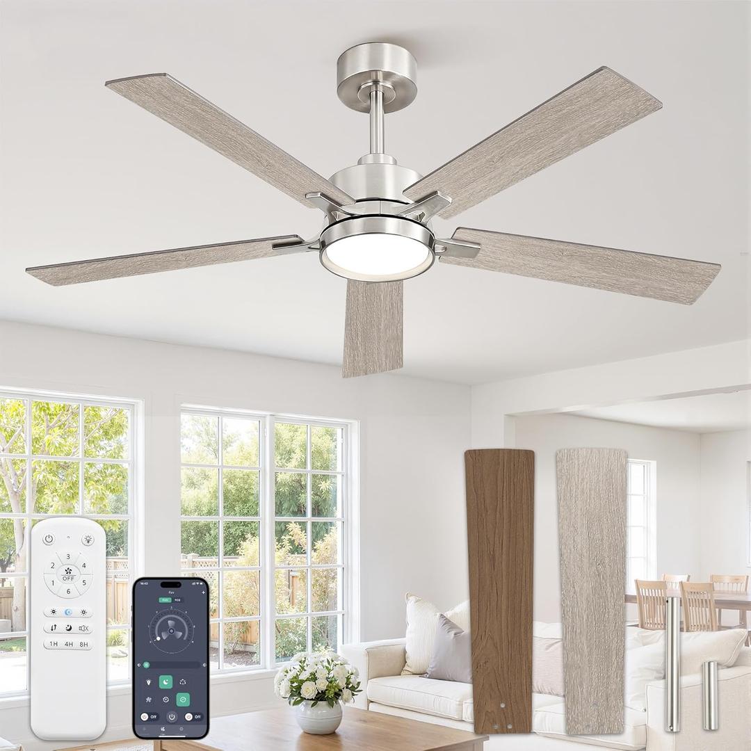 52 Inch Ceiling Fan with Lights and Remote, Smart APP Control, Dimmable with All-Setting Memory, Quiet DC Motor Reversible Blades, Damp Rated Modern Ceiling Fan for Bedroom Patio Living Room