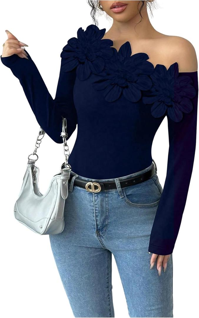 OYOANGLE Women's Floral Appliques Off The Shoulder Top Long Sleeve Fitted Tee Shirts Going Out Tops (Blue, S)
