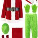 casapre Santa Costume Adult.Christmas Costume 7pcs Suit With Green Monster Mask and Red Hat.Christmas Gift Box Packaging