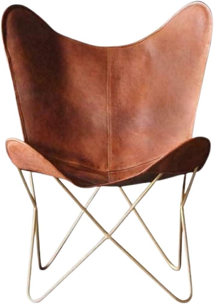 Shy Shy Lets Touch The Sky Leather Living Room Chairs-Butterfly Chair Brown Leather Butterfly Chair-Handmade with Powder Coated Iron Frame (Cover with Folding Frame) (Golden Frame), 66x58x94cm