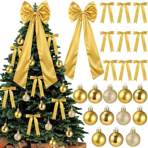 Gejoy Bow Christmas Tree Decoration Set, 30 Pcs Small Bows 1 Pcs 47" x 15.7" Large Tree Topper Satin Bows and 36 Christmas Balls Hanging Ornaments, Xmas Glitter Balls for Holiday Decor(Gold)