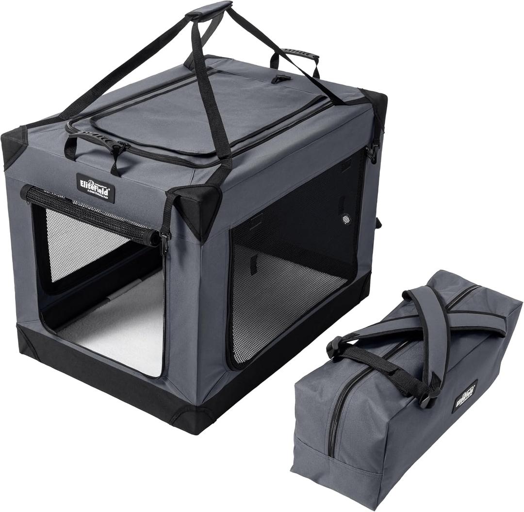 EliteField 4-Door Folding Soft Dog Crate, Aluminum Frame, Gray 54.0"L x 37.0"W x 45.0"H