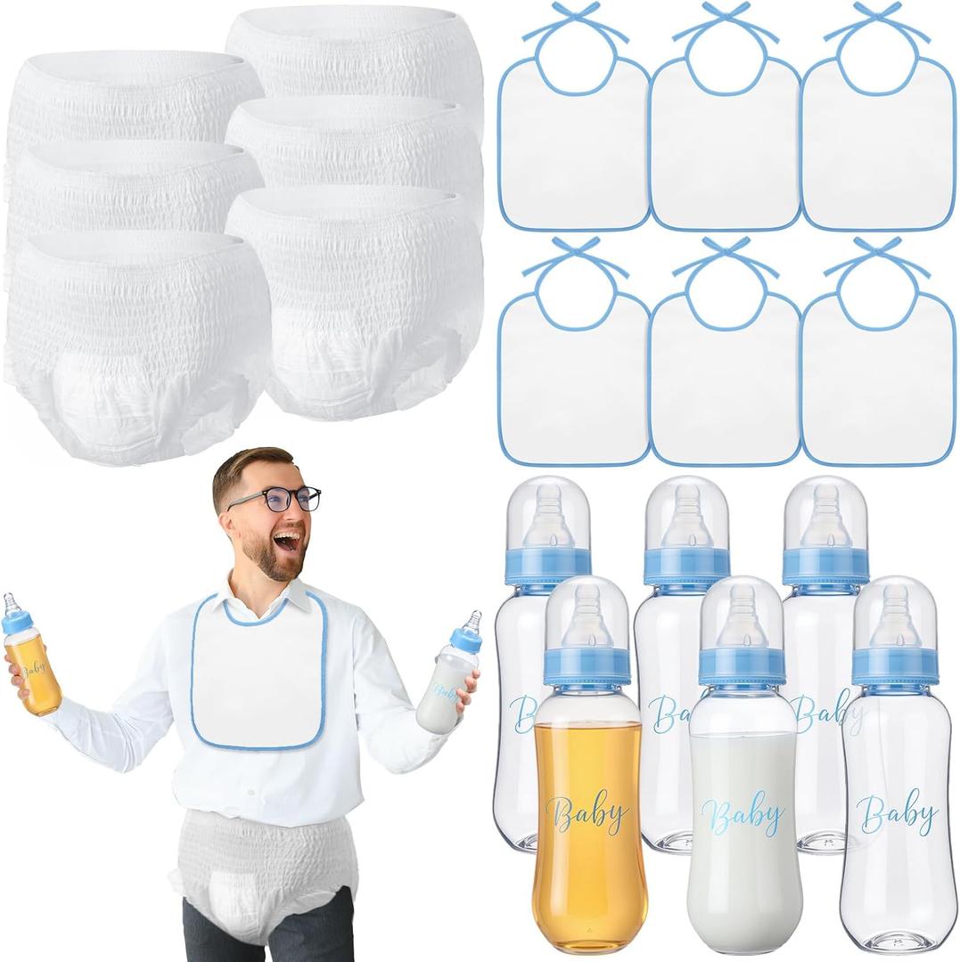 6 Sets Bottle Chug Baby Shower Games Juegos Para Plastic Baby Bottles Bibs Disposable Diapers Gender Reveal Games Baby Changing Diaper Race Game Decoration (Blue)