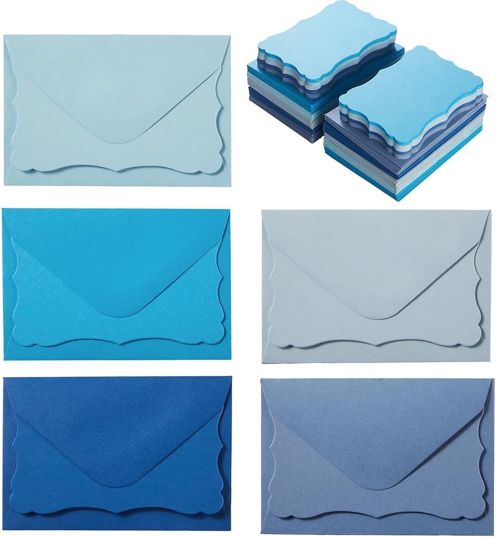 100 Pack Mini Envelopes with Note Cards in 5 Colors for Wedding, Birthday, Baby Showers, 4 x 2.7 Inches (Blue)