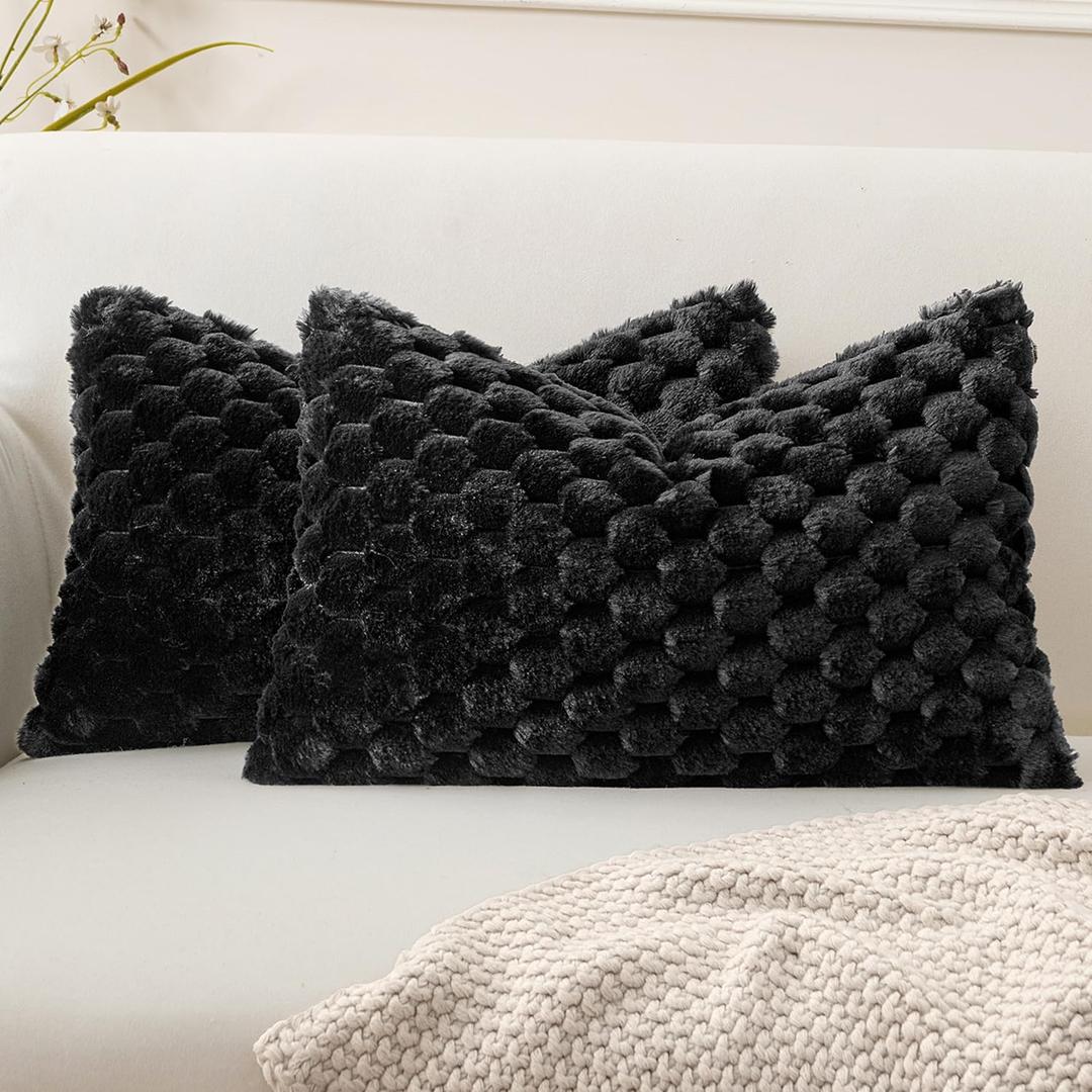 MIULEE Black Faux Fur Lumbar Decorative Throw Pillow Covers 12x20 Inch Set of 2 Super Soft Cozy Plush Cushion Cases Luxury Fluffy Pillowcases for Sofa Couch Bed Living Room