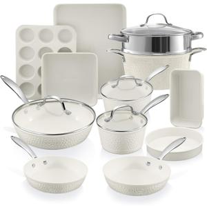 Gotham Steel Hammered 15Pcs Ceramic Cookware Set Nonstick, Induction Pots and Pans Set Non Stick with Bakeware Set & Steamer for Cooking, Non Toxic PFOA PFOS Free, Oven & Dishwasher Safe, Cream White