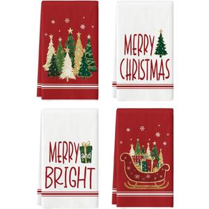 Artoid Mode Red Sleigh Star Xmas Tree Merry Christmas Kitchen Towels Dish Towels, 18x26 Inch Farmhouse Holiday Winter Decoration Cleaning Set of 4