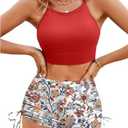 Herseas Women's Floral Print Drawstring Boyshorts Swimsuits Criss Cross Top Bikini Sets High Waisted Two Pieces Bathing Suits, Size M