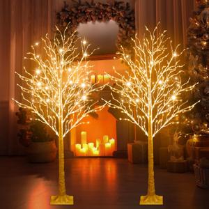 2 Pcs 5ft-400led Lighted Birch Tree 8 Modes Christmas Artificial LED Warm White Lights Birch Tree for Indoor and Outdoor Home Decor Thanksgiving Holiday Decoration