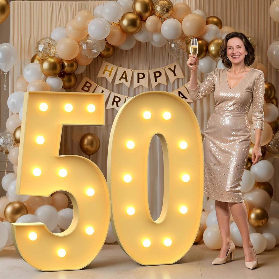 Mixifox 50 Light up Numbers 4 Feet Tall, 50 Marquee Numbers for Party, 50th Birthday Decorations for Women Men, Big 50 Sign with Light for Anniversary, Birthday Backdrop Decor
