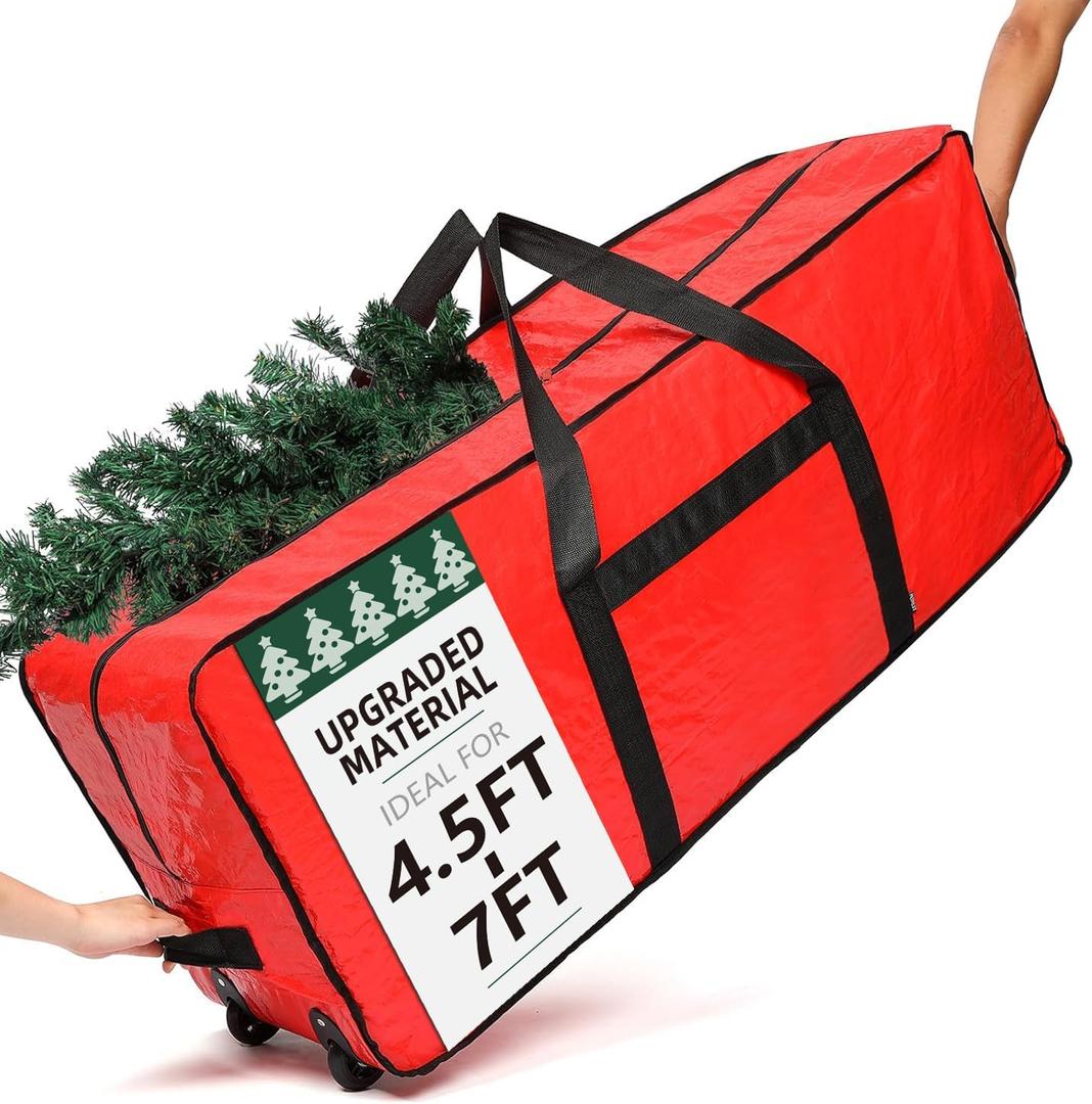 HOMEST Christmas Tree Storage Bag, Fits for 4.5-7 ft Xmas Artificials, Zippered Bag with Reinforced Carrying Handles and Wheels, Red (Bag Only)